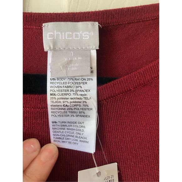 Chicos NWT Scarf-Trim Sweater Maroon Silk Like Blouse, Sz 1 (Medium), MSRP $109 - Picture 3 of 11